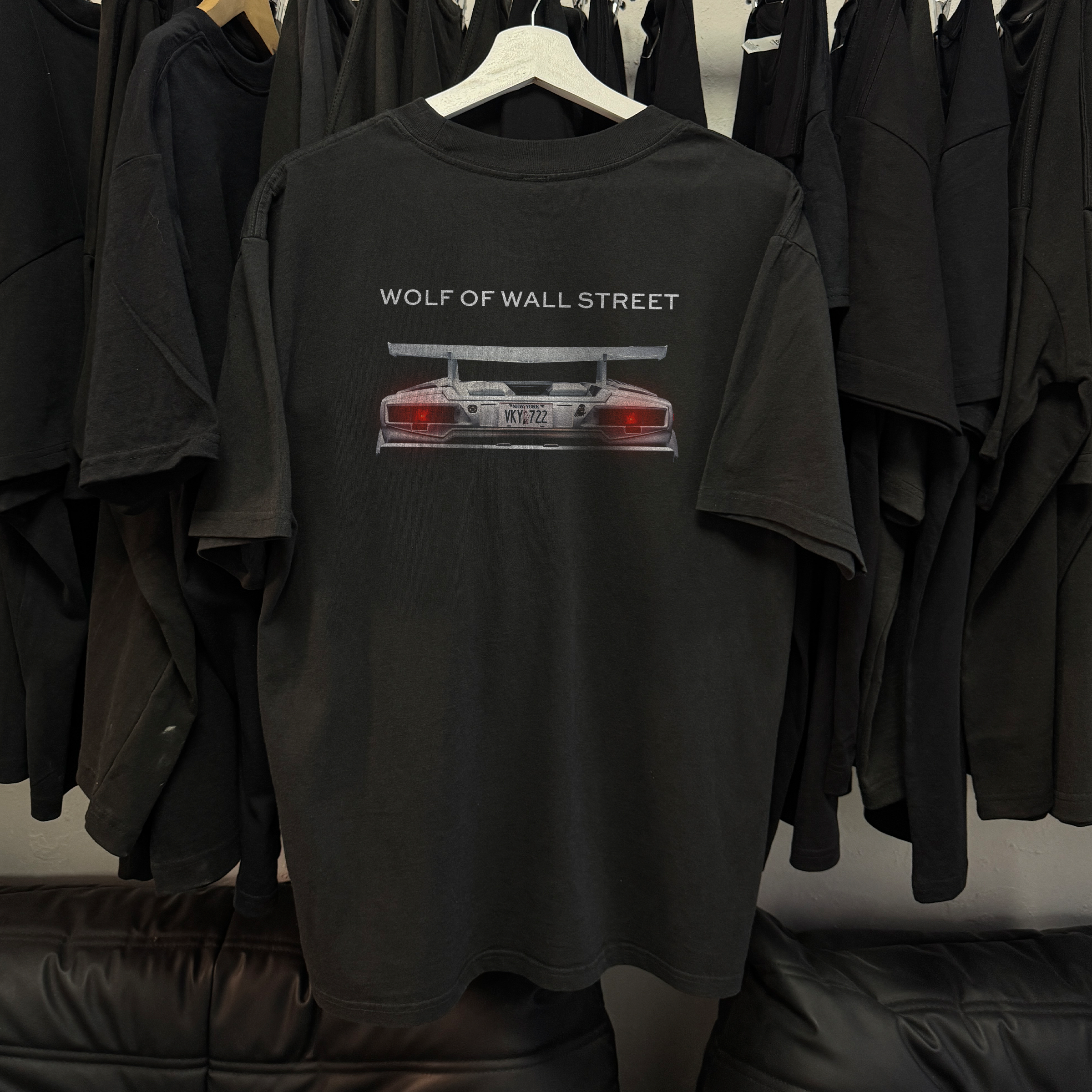 Vintage 2000s Wolf of Wall Street Lamborghini Countach graphic black t-shirt, retro movie / film posterboy streetwear tee